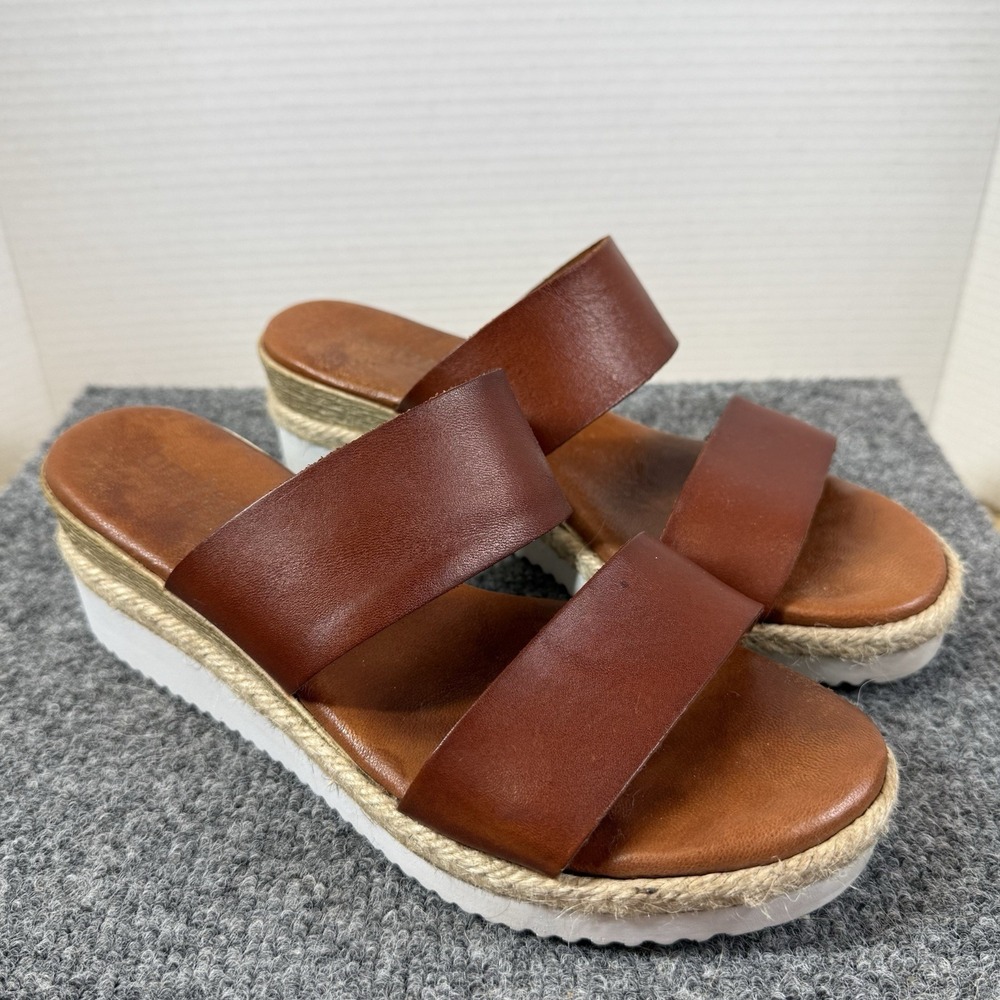 Bertucci Spain Leather Slide Sandals 37 Brown Espadrille Platform Comfort US 6.5